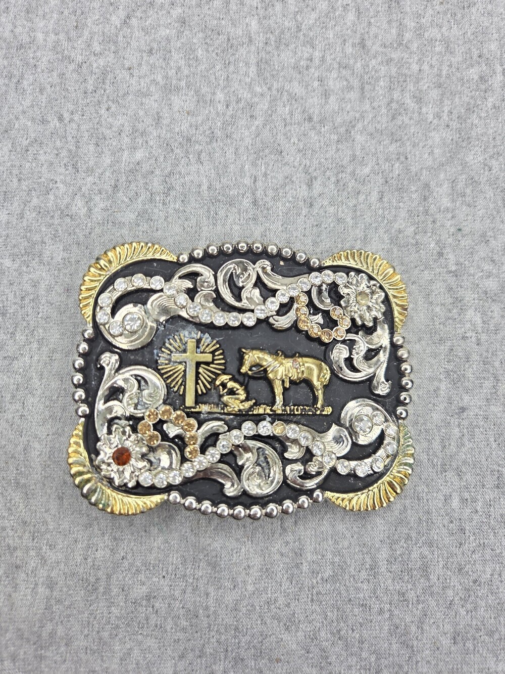 Large Praying Cowboy Rodeo Belt Buckle Gold Silver Black Enamel Southwestern